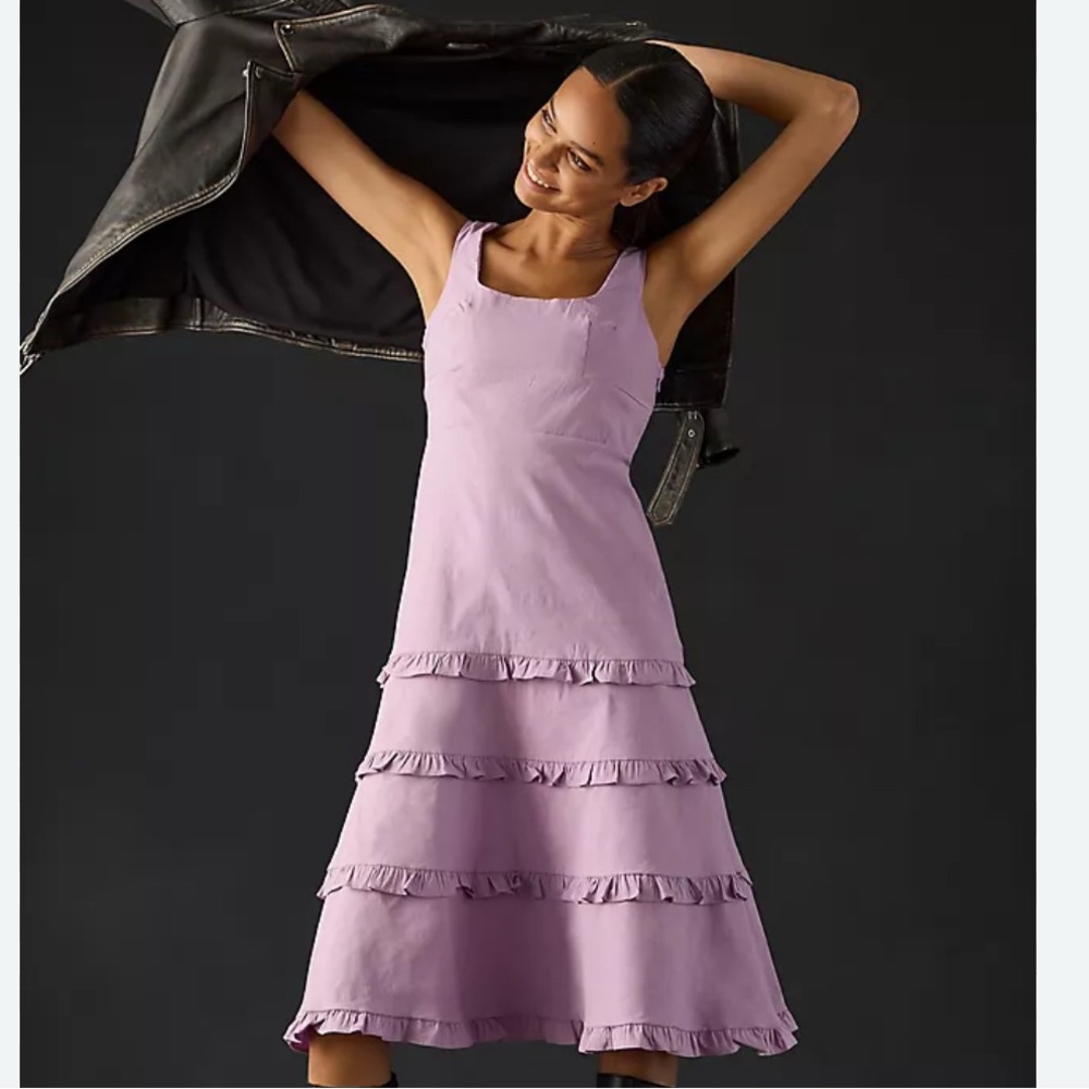 😍 ANTHROPOLOGIE The Blythe Square-Neck Tiered Dress Anthro Magic Fabric